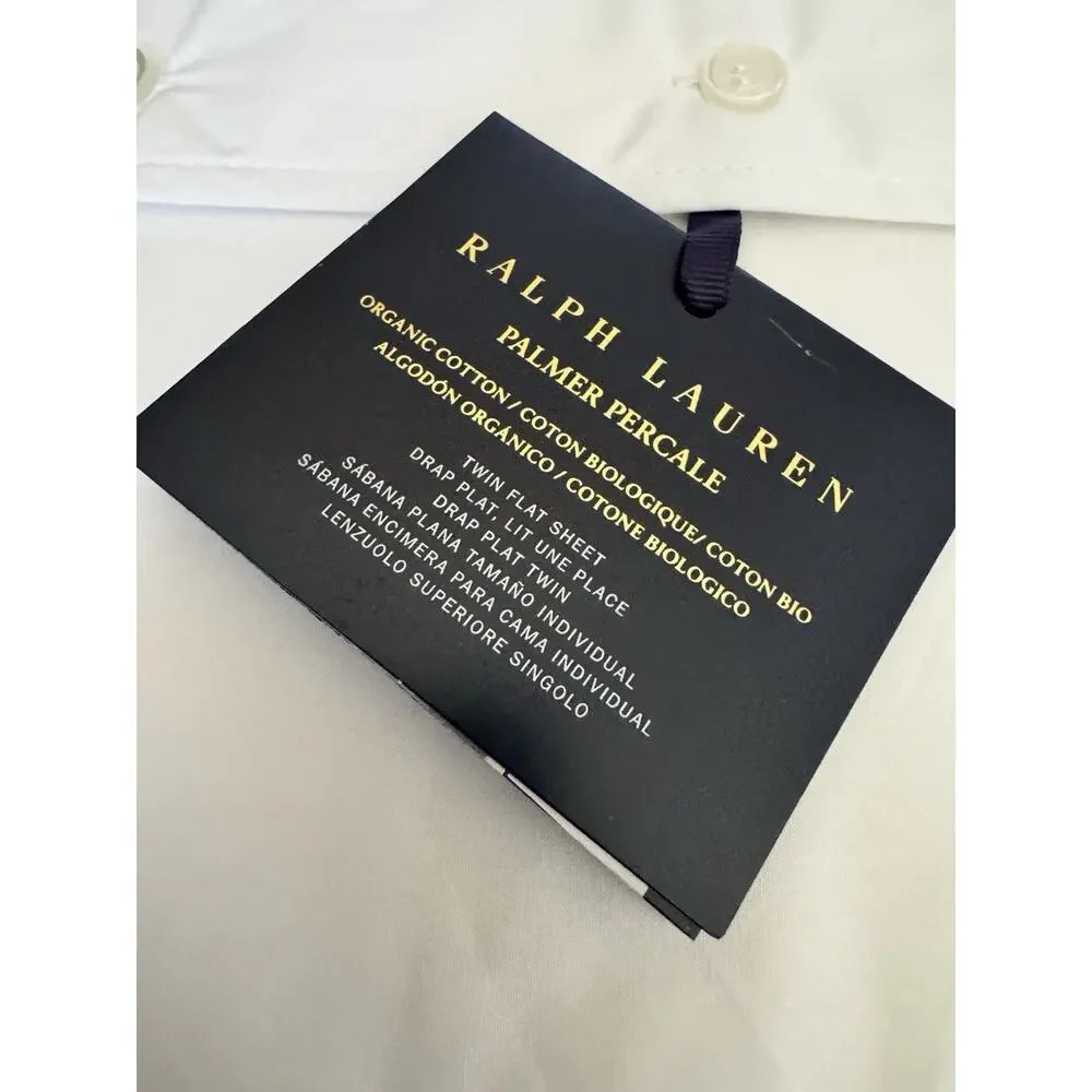 NWT Ralph Lauren Palmer Twin Flat Sheet White & Sky Blue Organic Cotton Percale